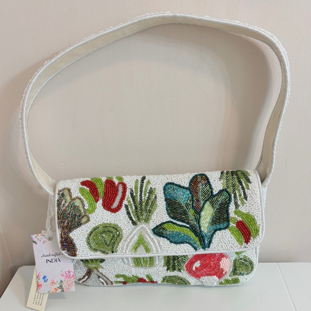Handcrafted Beaded Vegetable Garden Shoulder Bag White Seed Bead Radish Pepper
